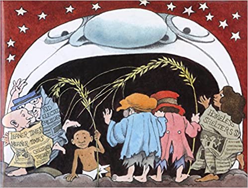 book-cover-of-we-are-all-in-the-dumps-with-jack-and-guy-six-people-standing-before-a-large-face-with-an-open-mouth-maurice-sendak