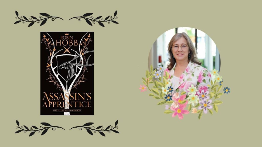 light-green-background-book-cover-white-deer-antlers-with-a-black-background-assassins-apprentice-by-robin-hobb-on-the-left-and-on-the-right-is-author-picture-with-flowers-on-the-bottom-of-the-picture-migraines-characters