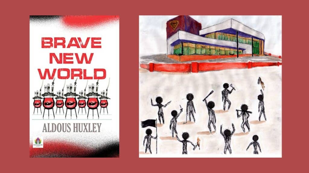 Left: Brave New World book cover featuring humans in test tubes. Right: Probably Nothing, Possibly Everything album cover with a stick figure mob approaching a precinct.