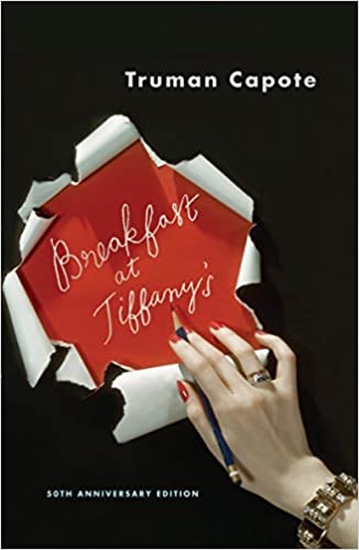 breakfast-at-tiffanys-book-cover-truman-capote-black-paper-ripped-up-with-red-paper-under-and-title-written-in-pencil