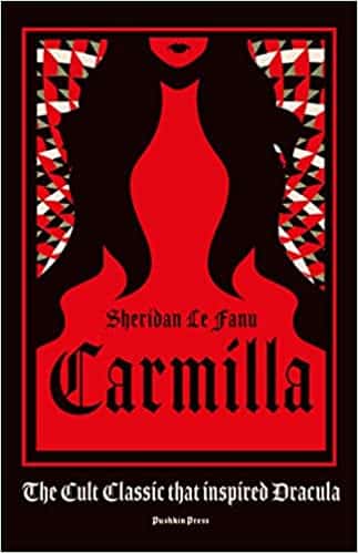 Carmilla-book-cover-Sheridan-Le-Fanu-portrait-of-woman-with-red-skin-black-hair-obscured-face-kaleidoscope-background-literature-lgbtq-vampire