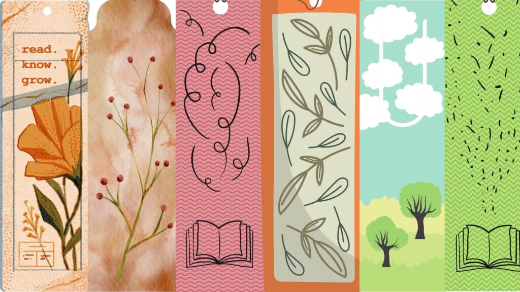 different-kinds-of-bookmarks-from-left-to-right-one-with-yellow-flowers-then-the-one-next-to-it-has-red-flower-buds-the-on-next-to-it-is-pink-with-a-book-on-the-bottom-the-next-one-has-green-leaves-and-an-orange-boarder-the-one-next-to-it-has-two-trees-and-grass-with-a-blue-sky-and-clouds-the-last-one-is-green-with-a-book-on-the-bottom