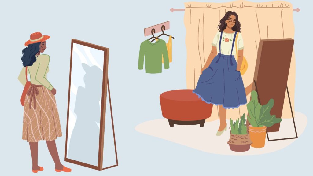 the-background-is-a-light-blue-and-two-girls-are-trying-on-clothes-and-are-looking-into-mirrors