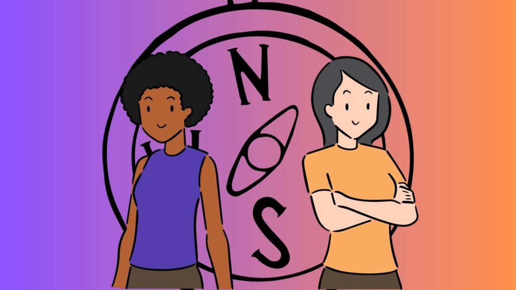 background-fades-from-purple-to-orange-with-a-compass-in-the-middle. in-front-of-that-compass-is-two-girls-the-one-on-the-left-is-in-a-purple-shirt-and-the-one-on-the-right-is-in-a-orange-shirt