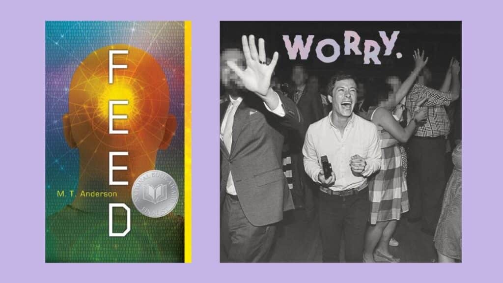 Left: Feed book cover, the back of a bald head in yellow coloring overlayed by a multicolored, multipatterned design. Rigth: Worry. album cover, a man in a white button down laughing and holding a camera, in the back a dancing crowd with pixelated faces.