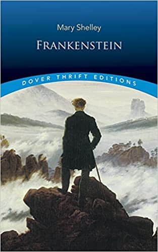 frankenstein-mary-shelley-book-cover-man-turned-around-on-cliff-looking-over-clouds