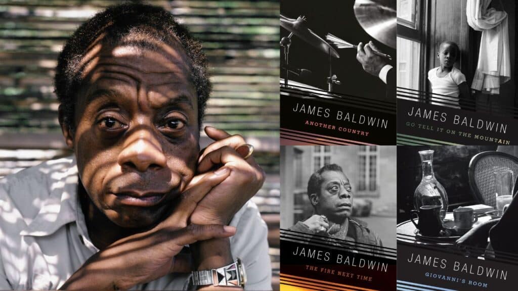 portrait-of-james-baldwin-and-his-book-covers-another-country-go-tell-it-on-the-mountain-the-fire-next-time-giovanni's-room-lgbtq+