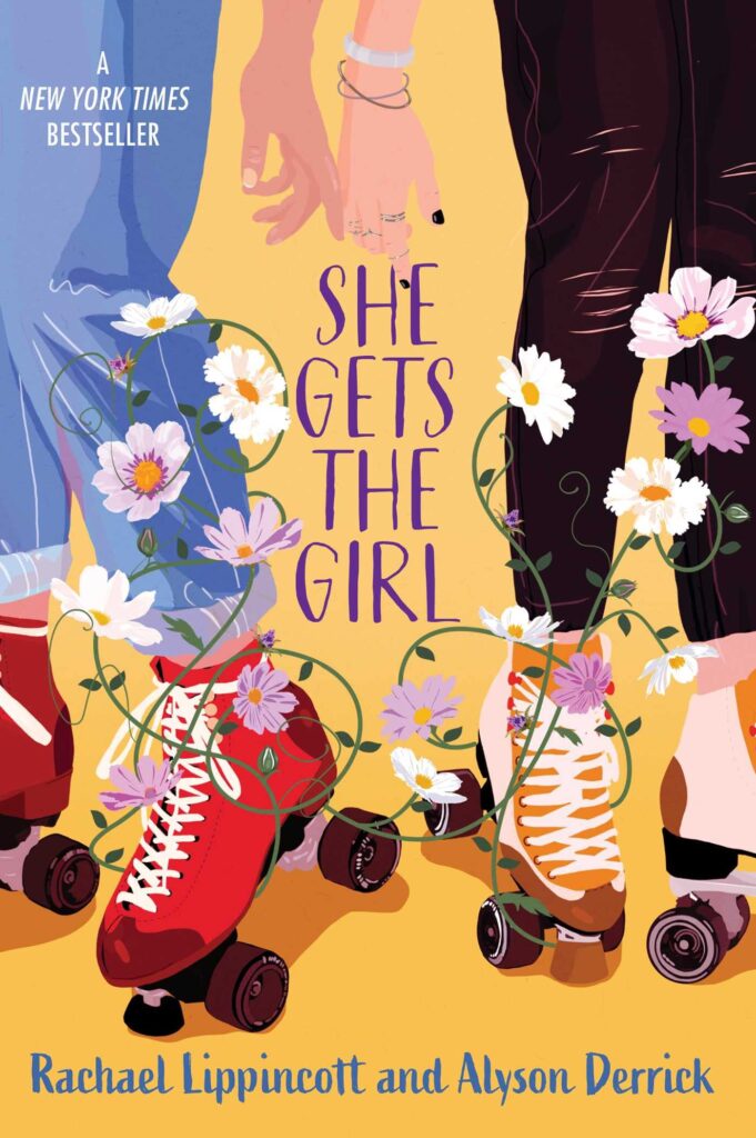 she-gets-the-girl-book-cover-lgbtq+-two-girls-holding-hands-rollerskating-flowers-entwine-their-legs