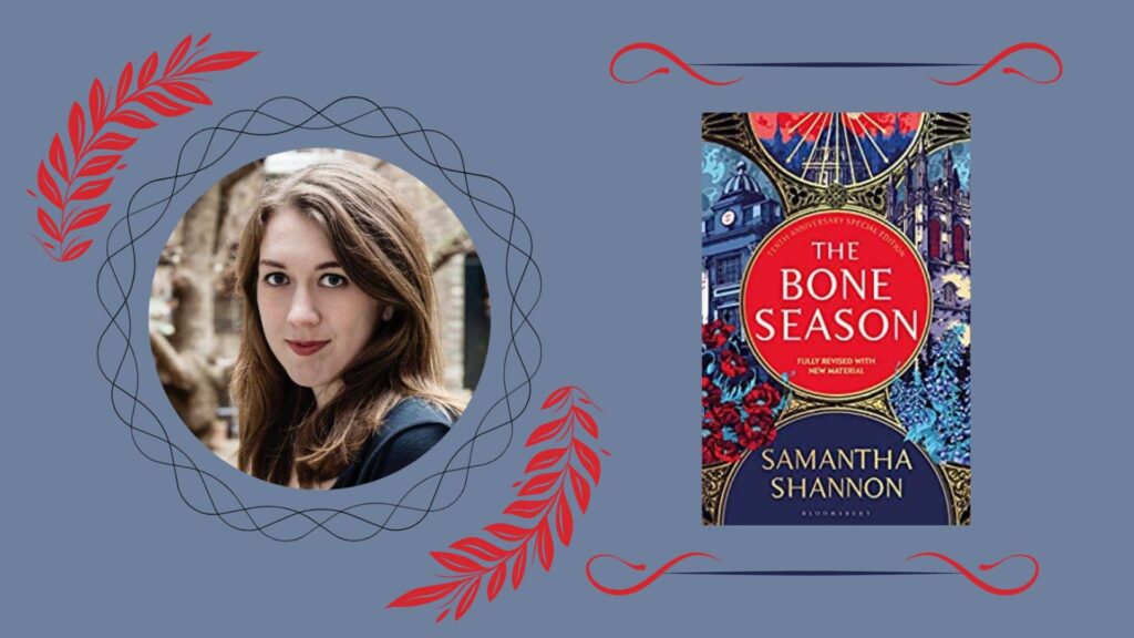 dark-gray-blue-background-picture-of-samantha-shannon-in-a-black-round-frame-on-the-left-and-on-the-right-is-a-book-cover-with-red-and-blue-flowers-the-bone-season-by-samantha-shannon-migraines-characters