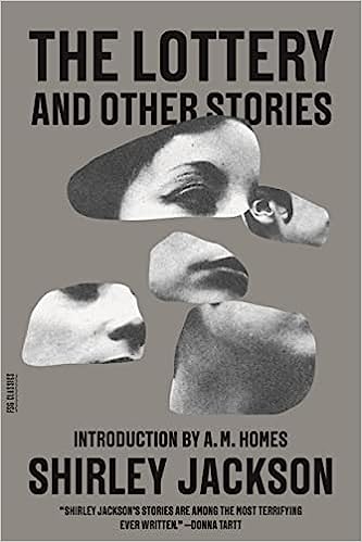 the-lottery-shirley-jackson-cover-short-story-gray-background-with-rock-shaped-cutouts-black-and-white-photos-of-closeup-faces