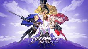 fire-emblem-three-houses-video-game-dimitri-claude-edelgard-and-both-byleths-clustered-together-purple-background-switch-games-books