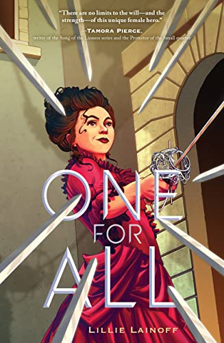 one-for-all-by-lillie-lainoff-book-cover-woman-wearing-pink-dress-holding-a-sword-with-10-swords-pointed-at-her