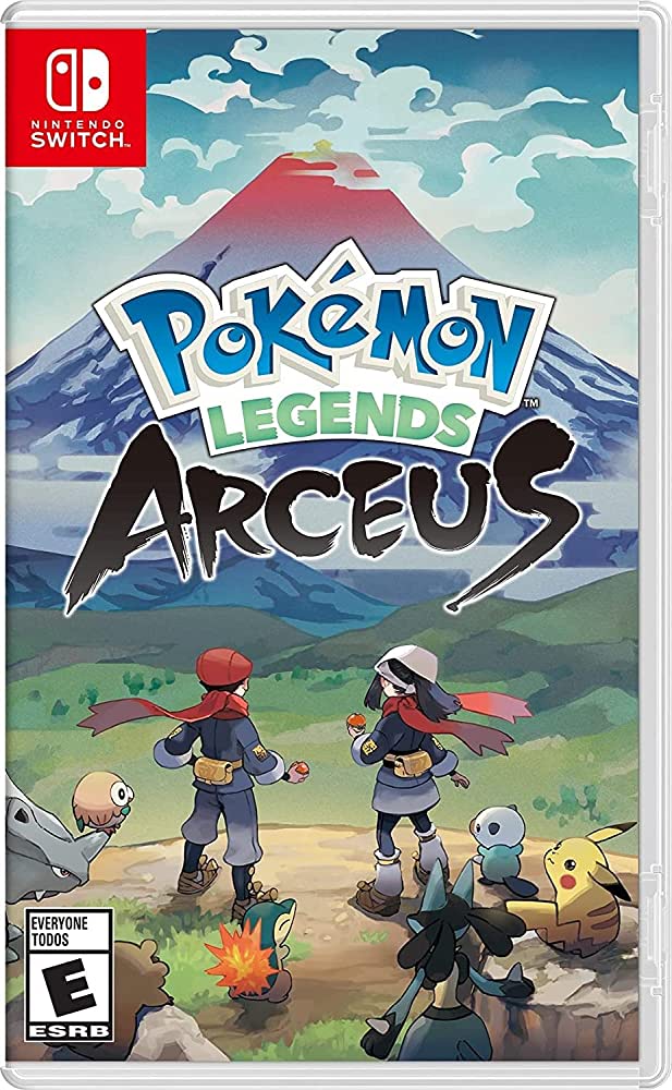 pokemon-legends-arceus-video-game-player-characters-standing-with-7-pokemon-facing-a-mountain