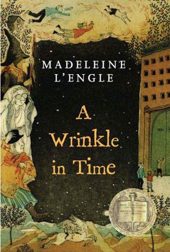 a-wrinkle-in-time-book-cover-painted-frame-with-various-people-a-building-and-a-mountain-landscape-surrounding-a-starry-night-sky-in-middle-writers-on-writing