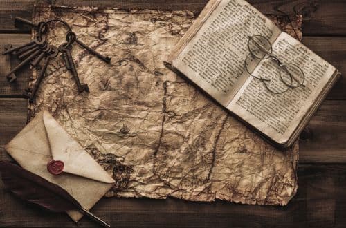 An old memoir with round glasses, a quill and rusted old keys