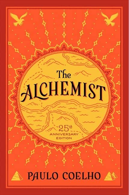 most-popular-books-from-your-birth-year-80s-edition-the-alchemist-book-cover-orange-and-yellow-with-small-birds-in-top-corners-and-small-pyramids-in-bottom-corners
