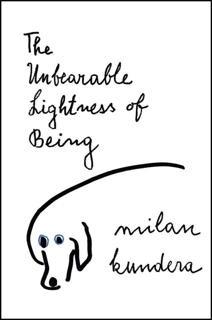 most-popular-books-from-your-birth-year-80s-edition-the-unbearable-lightness-of-being-book-cover-black-and-white-scribbly-drawn-dog-with-blue-eyes
