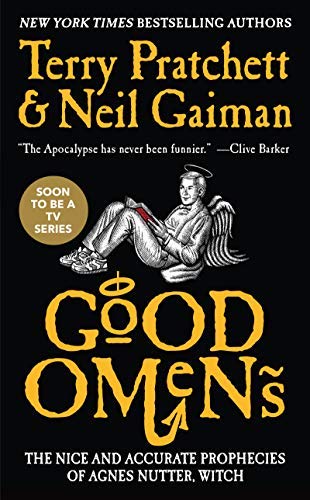 most-popular-books-published-each-year-in-the-90s-good-omens-book-cover-black-background-yellow-text-and-a-sitting-angel