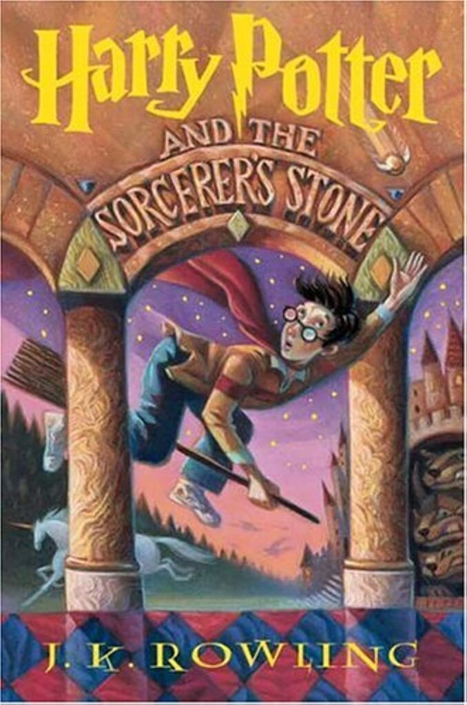 harry-potter-and-the-sorcerers-stone-book-cover-bok-flying-on-a-broomstick-through-a-castle-with-unicorn-prancing-in-the-background