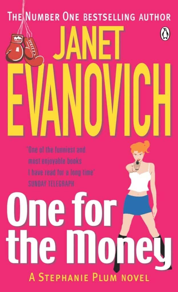 most-popular-books-published-each-year-in-the-90s-one-for-the-money-book-cover-girl-pointing-dun-towards-viewer-on-bright-pink-background