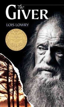 most-popular-books-published-each-year-in-the-90s-the-giver-book-cover-guy-on-black-background-next-to-torn-corner-with-trees