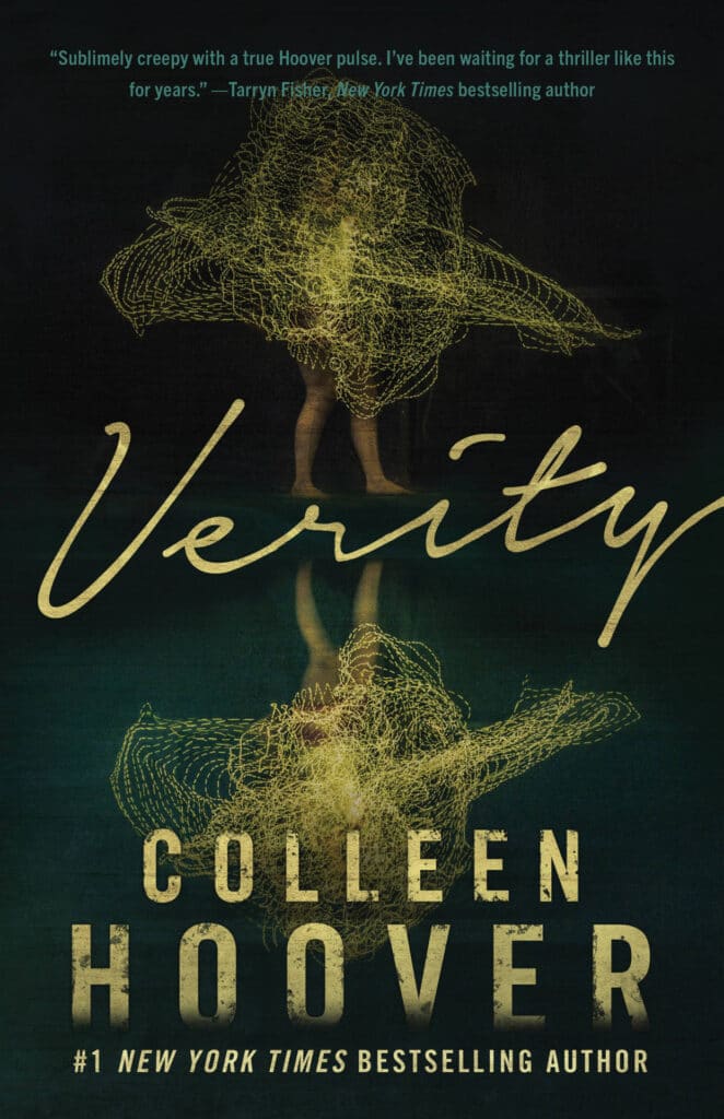 "Verity" book cover by Colleen Hoover with a black and green background featuring a person standing in yellow with a reflection.