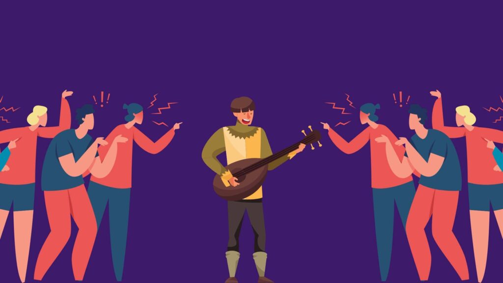 dark-purple-background-with-two-groups-of-people-being-angry-at-a-bard-like-jaskier-who-is-singing-a-song