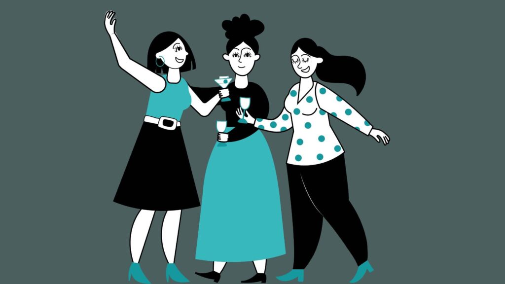gray-blue-background-with-three-wine-aunts-in-blue-drinking-wine-and-having-fun